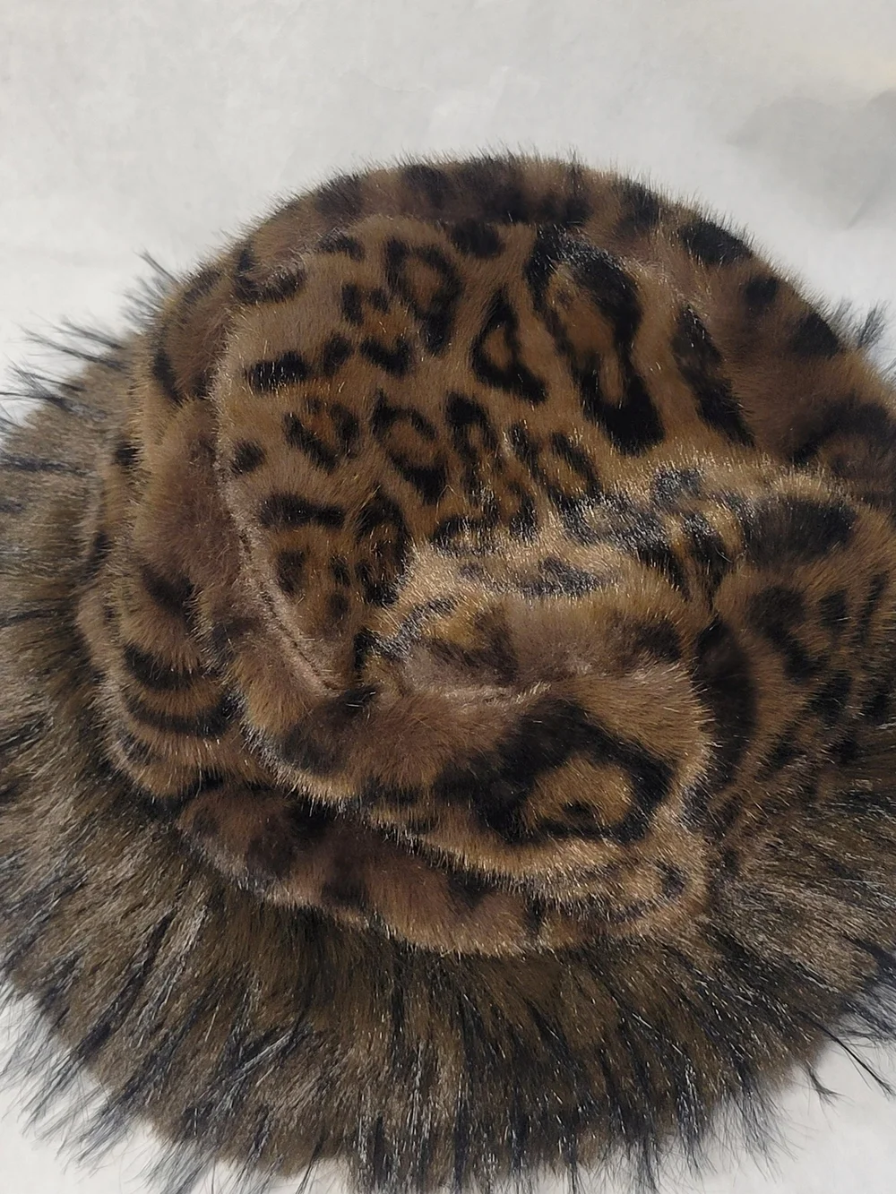 LA Carrie Faux Fur Leopard Print Bucket Hat in Brown